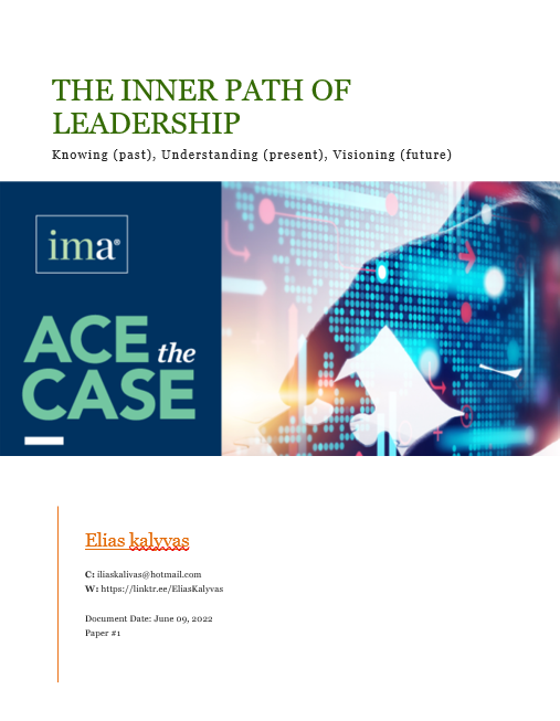 Cover page for the text of the speech "The Inner Path of Leadership". Dynamic image of IMA with the phrase ACE THE CASE. Useful texts.